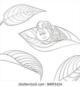 Vector cartoon, cheerful snail on leaf, monochrome contours