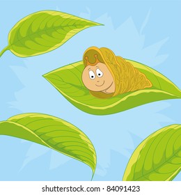 Vector cartoon, cheerful snail on a green leaf against the blue sky
