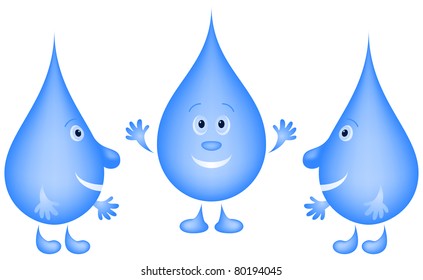 Vector cartoon: cheerful water drops friends have met and stretch each other hands