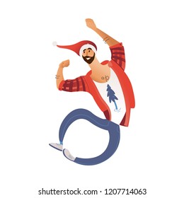 Vector cartoon cheerful young bearded man in santa hat in jeans having fun laughing jumping. Male character with positive emotions at christmas, new year party