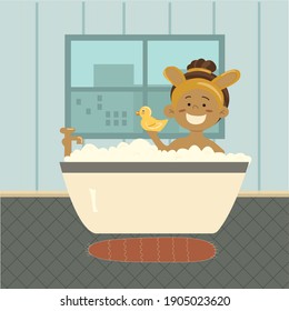 Vector cartoon with cheerfull smiling girl in yellow hand band with bunny ears taking a bath full of soap foam and rubber duck in her hand. green  colored room interior and window with city view