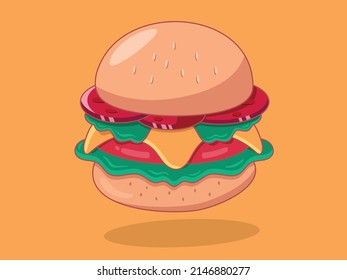 Vector cartoon cheese burger design illustration with border lines. Burger vector food icon illustration on yellow background