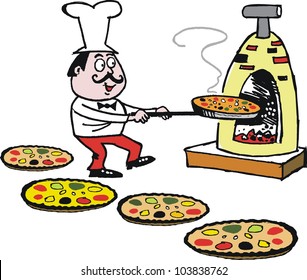 Vector cartoon of chef placing pizzas in oven