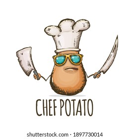 Caricatura vectorial personaje de papa con sombrero de chef sosteniendo cuchillos de cocina aislados de fondo blanco