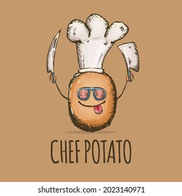 Caricatura vectorial personaje de papa con sombrero de chef que sostiene cuchillos de cocina aislados de fondo marrón. Funky Cool hipster Chef personaje con gafas de sol