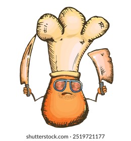 Vector cartoon chef potato character with chef hat holding cooking knives isolated on transparent background. Funky Cool hipster Chef character with sunglasses