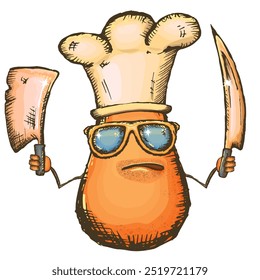 Vector cartoon chef potato character with chef hat holding cooking knives isolated on transparent background. Funky Cool hipster Chef character with sunglasses