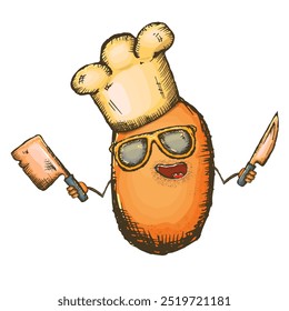 Vector cartoon chef potato character with chef hat holding cooking knives isolated on transparent background. Funky Cool hipster Chef character with sunglasses