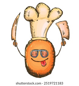 Vector cartoon chef potato character with chef hat holding cooking knives isolated on transparent background. Funky Cool hipster Chef character with sunglasses