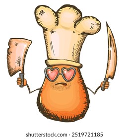 Vector cartoon chef potato character with chef hat holding cooking knives isolated on transparent background. Funky Cool hipster Chef character with sunglasses