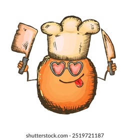 Vector cartoon chef potato character with chef hat holding cooking knives isolated on transparent background. Funky Cool hipster Chef character with sunglasses