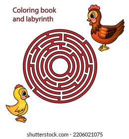 Vector cartoon chick and hen in the maze.
Vector illustration for children's books. Educational game for children.