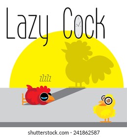 Vector cartoon chicken and cock with shadow, lazy cock