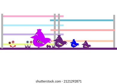 Caricatura vectorial. Grupo de pollos multicolor en granja. Un bonito grupo de pollos de diferente tamaño y hermosas flores aisladas de fondo blanco.