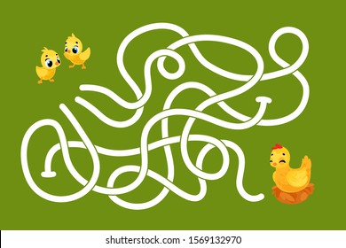 Vector cartoon chickens and chicken. Vector illustrations for children books. Labyrinth. Educational game for children. 