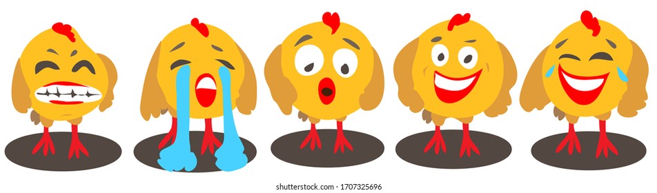 Vector cartoon chickens with different emotions on a white background isolated: anger, tears, surprise, joy, laughter