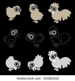 Vector cartoon chicks, chickens and roosters