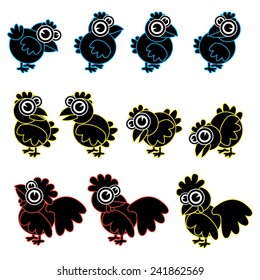Vector cartoon chicks, chickens and roosters
