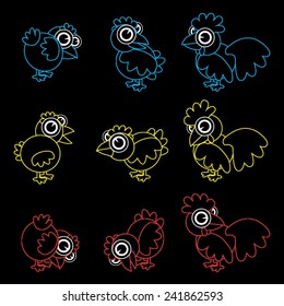 Vector cartoon chicks, chickens and roosters