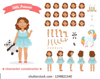 Vector cartoon child character constructor isolated icons of body parts and face emotions.