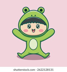 Vector cartoon of a child in a green frog costume smiling