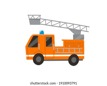Vector cartoon childish style aerial ladder truck, fire brigade wagon, fire truck engine. Comic vector illustration of a vehicle character for a book. Helper cars. Flat design.
