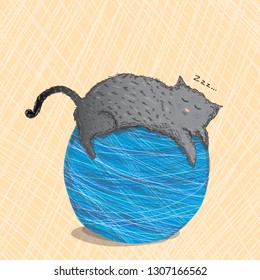 vector cartoon childlike illustration with a grey kitten sleeping on a blue ball of knit. Design element, image for books and printed goods, children production.