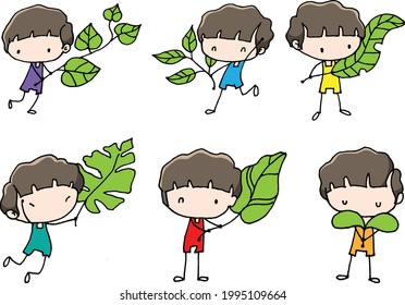 vector cartoon children boy holding leaf plant set