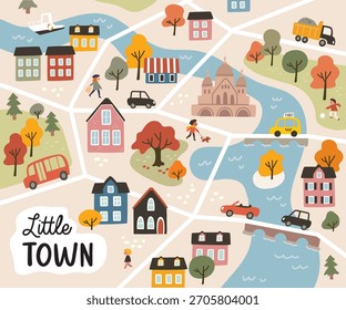 Vector de dibujos animados de niños mapa de la ciudad, impresión de textura. Laberinto, laberinto para niños con paso por la ciudad. Patrón infantil con símbolos de la ciudad, Elementos, coches, casas, edificios, árboles, calles. 