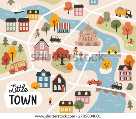 Vector cartoon children city map, print texture. Maze, labyrinth for children with way passing through the city. Childish pattern with town symbols, elements, cars, houses, buildings, trees, streets. 