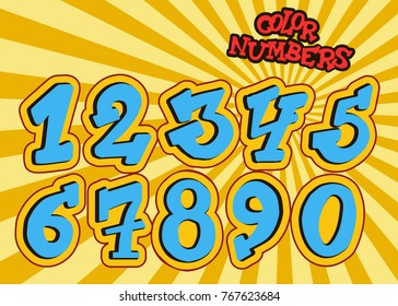 Vector cartoon children figures. Festive Handwritten Numbers set. Colored numbers.Numbers in Style of Comics, pop art. 