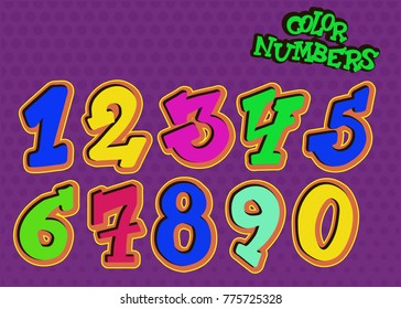 Vector cartoon children figures. Festive Handwritten Numbers set. Colored numbers.Numbers in Style of Comics, pop art. 