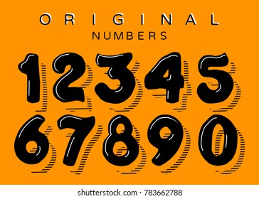 Vector cartoon children figures. Festive Handwritten Numbers set.Black Numbers with Shadows and Highlights in the original version.