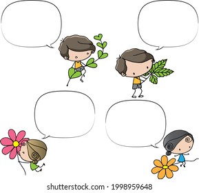 dibujos animados vectoriales niños sostienen flores y hojas con juego de burbujas de habla