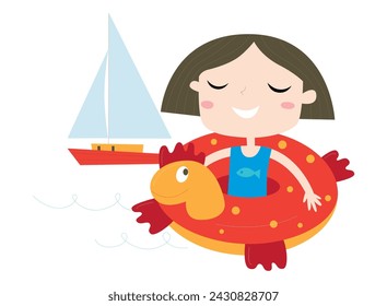 Vector Cartoon of Children Playing with Duck-themed Swimming Floats on Summer Day - Travel Inspiration Logo, Mascot, Sticker, Clipart, T-shirt