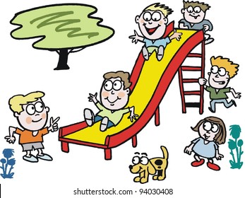 vector cartoon of children playing on slide in park