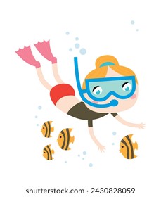 Vector Cartoon of Children Playing Snorkeling with Small Fish on Summer Day - Travel Inspiration Logo, Mascot, Sticker, Clipart, T-shirt