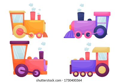 Vector cartoon children set of locomotives. Flat puffer for kids and animals on white isolated background