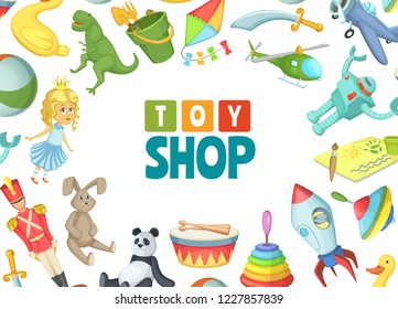 Vector cartoon children toys background with place for text illustration