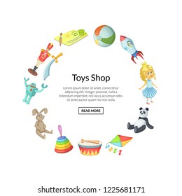 Vector cartoon children toys in circle shape with place for text illustration