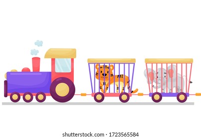 Vector cartoon children train with animals. Flat vivid puffer carrying circus animals on white isolated background