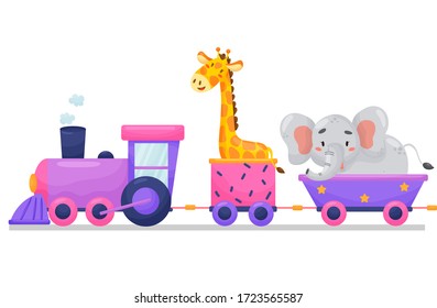 Vector cartoon children train with animals. Flat puffer is carrying animals on railway on white isolated background