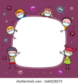 Vector cartoon children wearing protective masks. Covid-19 or Coronavirus 2019-nCoV disease prevention background with cartoon kids.