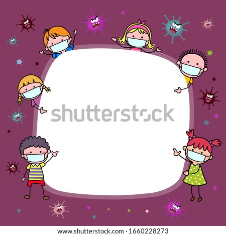 Vector cartoon children wearing protective masks. Covid-19 or Coronavirus 2019-nCoV disease prevention background with cartoon kids.