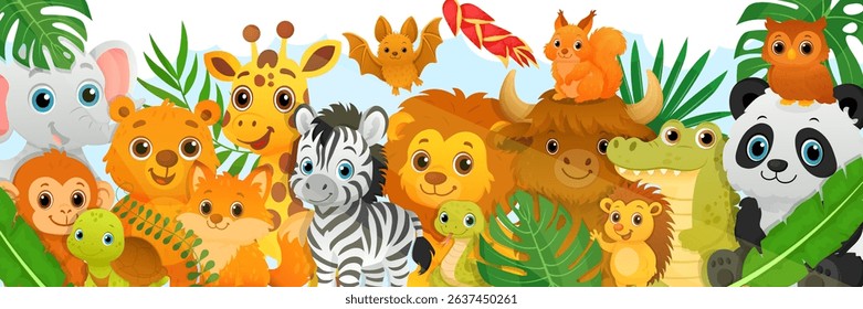 Vector cartoon children's bright illustration where many animals are depicted. The concept of friendship, love for the animal world. Element for your design, banner, poster. Elephant, monkey, fox, gir