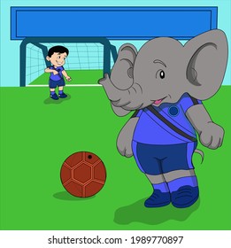 caricatura vectorial personaje infantil "jugando fútbol con elefantes"