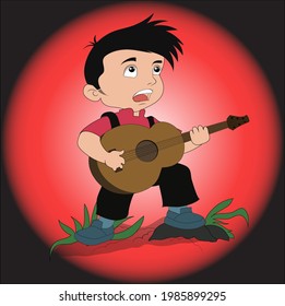 Vector cartoon of children's character "singing music with guitar"