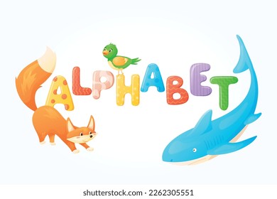 Vector cartoon childrens english Alphabet banner with text, shark, fox and bird illustrations.