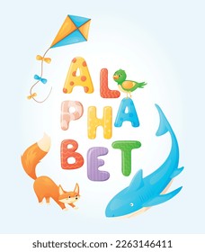 Vector cartoon childrens english Alphabet banner with text, shark, fox. flying kite and bird illustrations.