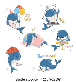 Vector cartoon children's set of cute little whales. Character design, different poses and mood. Set for stickers, print, templates for kids